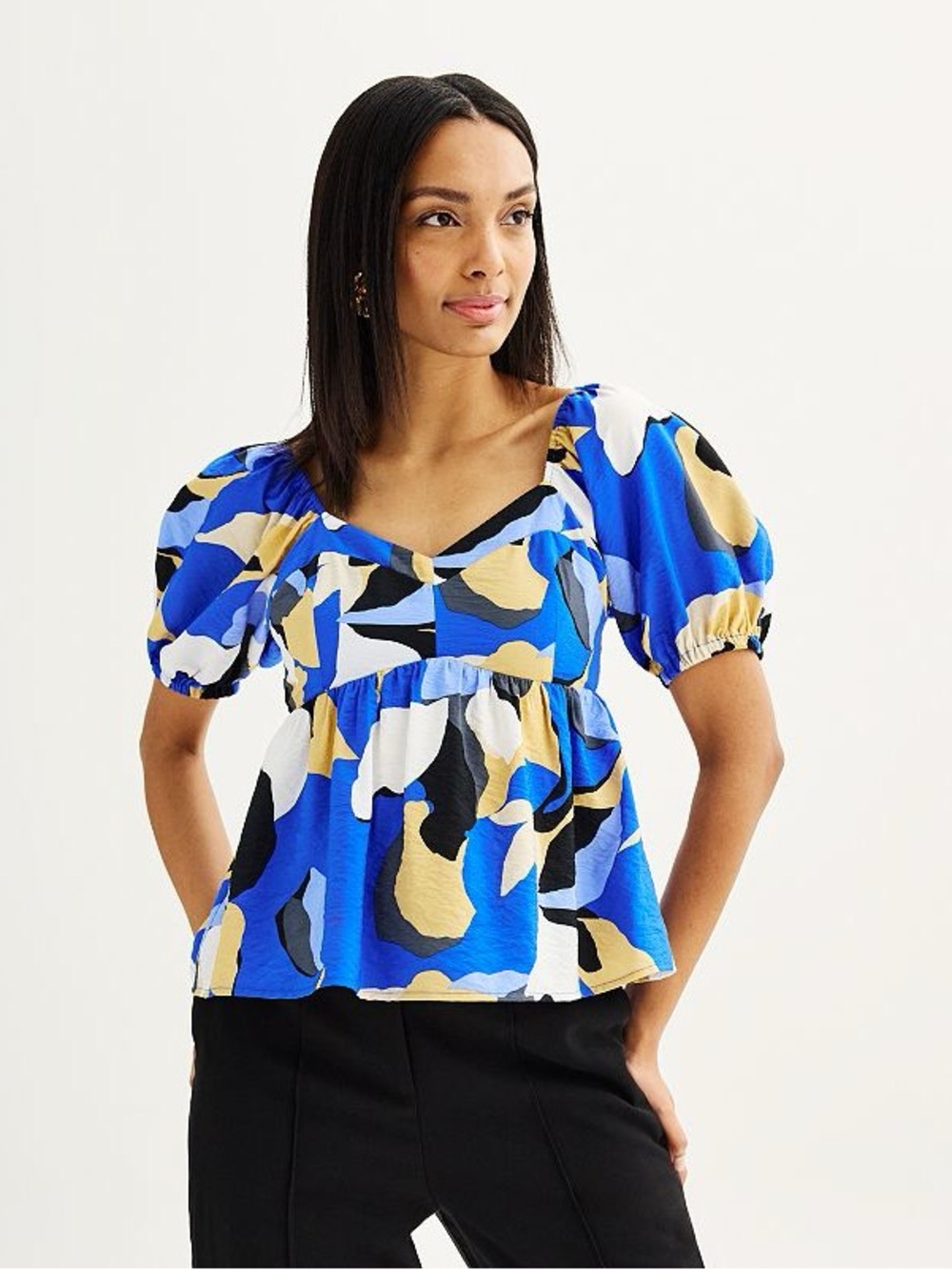 NINE WEST Womens Babydoll Puff Sleeve Floral Top. Blue Tan. Size Small N…